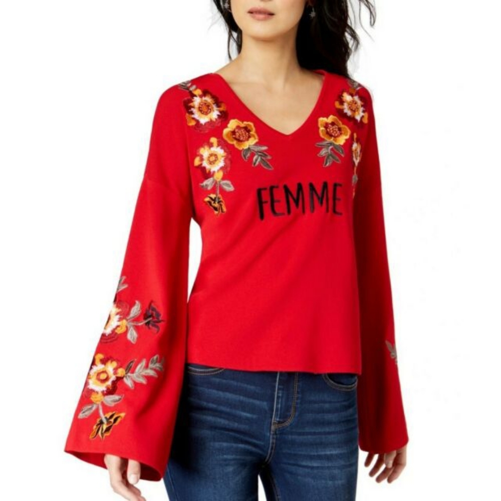 INC femme top red with embroidery + bell sleeves